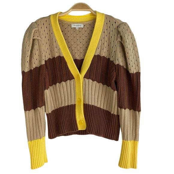 Calligraphie Y2K Rugby Striped Cardigan Sweater Women XL Brown Yellow Academia - Picture 1 of 8